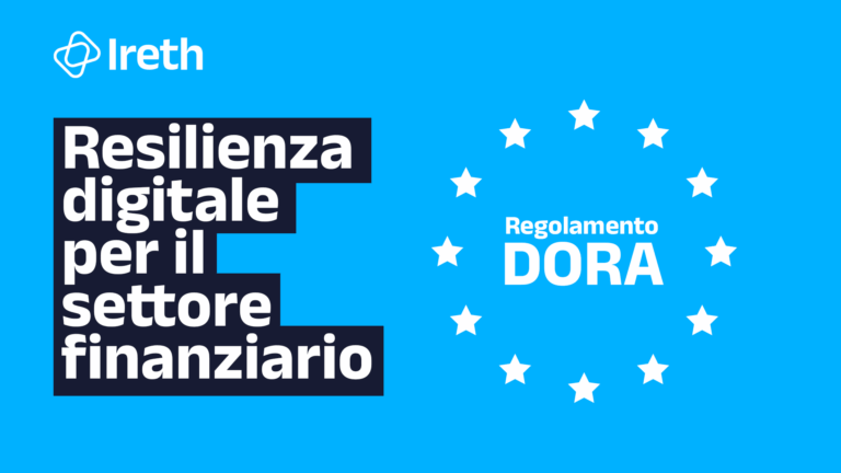 Illustrazione stilizzata con elementi digitali e icone che richiamano la sicurezza informatica e la gestione del rischio, in riferimento al regolamento DORA (Digital Operational Resilience Act).